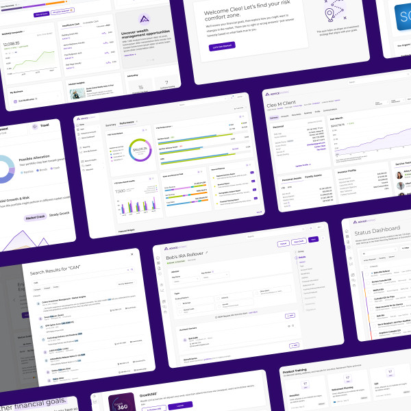 Collage of finished UX designs from dashboards to applications to search to filtering