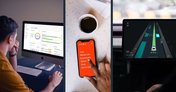 Photo collage of screens: desktop, mobile and automotive console