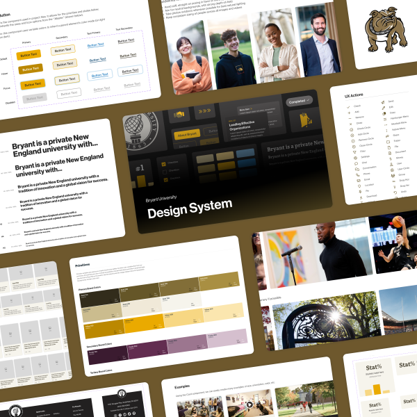 A collage of screens from a design system: color, type, cards, photos, buttons, components, etc.