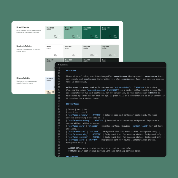 Images of colors from a design system in both Figma and a .MD file