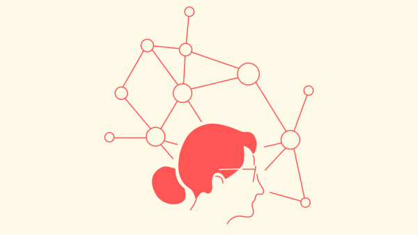 Illustration of a woman in front of a network of connected nodes, representing the connections and learnings from proper research