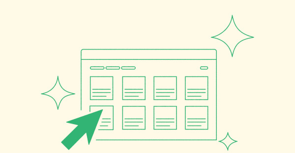 Illustration of a AI coded prototype, a wireframe of a web page with sparkles and a cursor