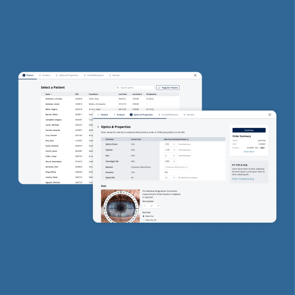 Well organized step-by-step process that guides practitioners through selecting, customizing and ordering a new lens