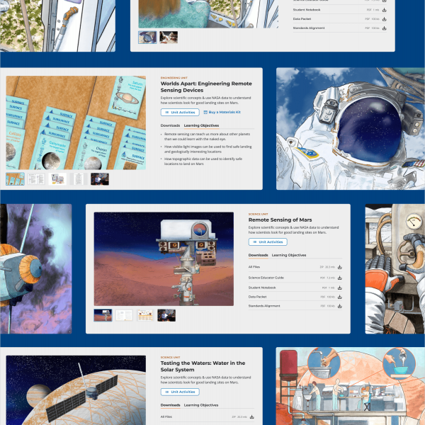 Unit cards surface compelling imagery, easy downloads and scannable learning objectives.